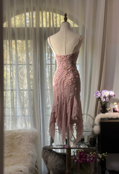 Romantic Dusty Pink 3D Floral Appliques Beaded Spaghetti Straps Midi Mermaid Homecoming Dress AS2750