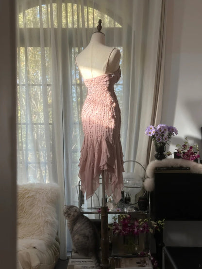 Romantic Dusty Pink 3D Floral Appliques Beaded Spaghetti Straps Midi Mermaid Homecoming Dress AS2750