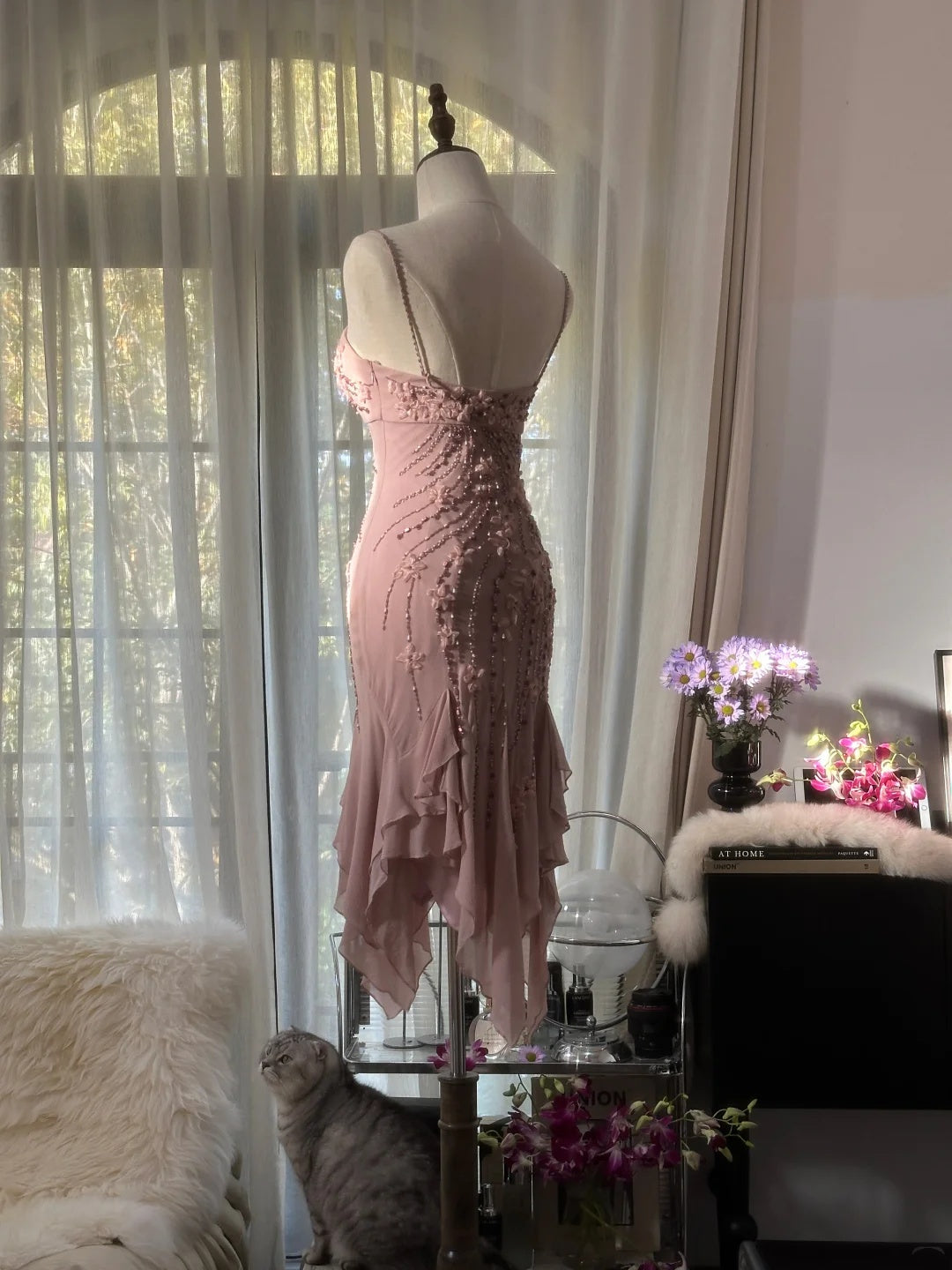 Romantic Dusty Pink 3D Floral Appliques Beaded Spaghetti Straps Midi Mermaid Homecoming Dress AS2750