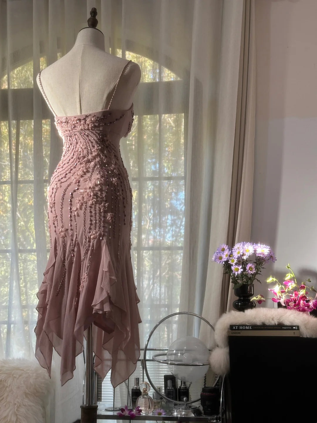 Romantic Dusty Pink 3D Floral Appliques Beaded Spaghetti Straps Midi Mermaid Homecoming Dress AS2750