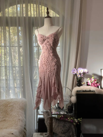 Romantic Dusty Pink 3D Floral Appliques Beaded Spaghetti Straps Midi Mermaid Homecoming Dress AS2750