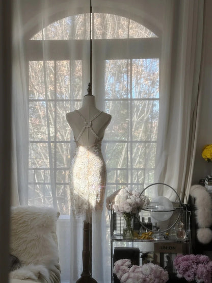 Shimmering Ivory Birthday Dress Beaded Spaghetti Straps V Neck Bodycon Short Homecoming Dress AS2752