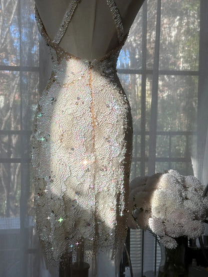 Shimmering Ivory Birthday Dress Beaded Spaghetti Straps V Neck Bodycon Short Homecoming Dress AS2752