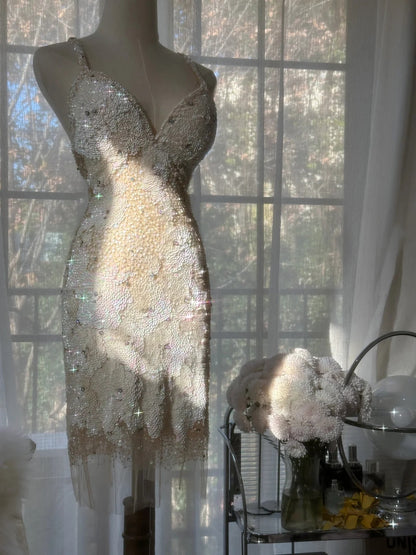Shimmering Ivory Birthday Dress Beaded Spaghetti Straps V Neck Bodycon Short Homecoming Dress AS2752