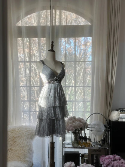 Chic Silver Grey Party Dress V Neck Beaded Tiered Ruffle A Line Short Homecoming Dress AS2754