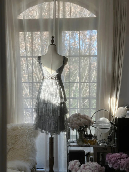 Chic Silver Grey Party Dress V Neck Beaded Tiered Ruffle A Line Short Homecoming Dress AS2754
