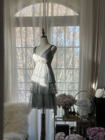 Chic Silver Grey Party Dress V Neck Beaded Tiered Ruffle A Line Short Homecoming Dress AS2754