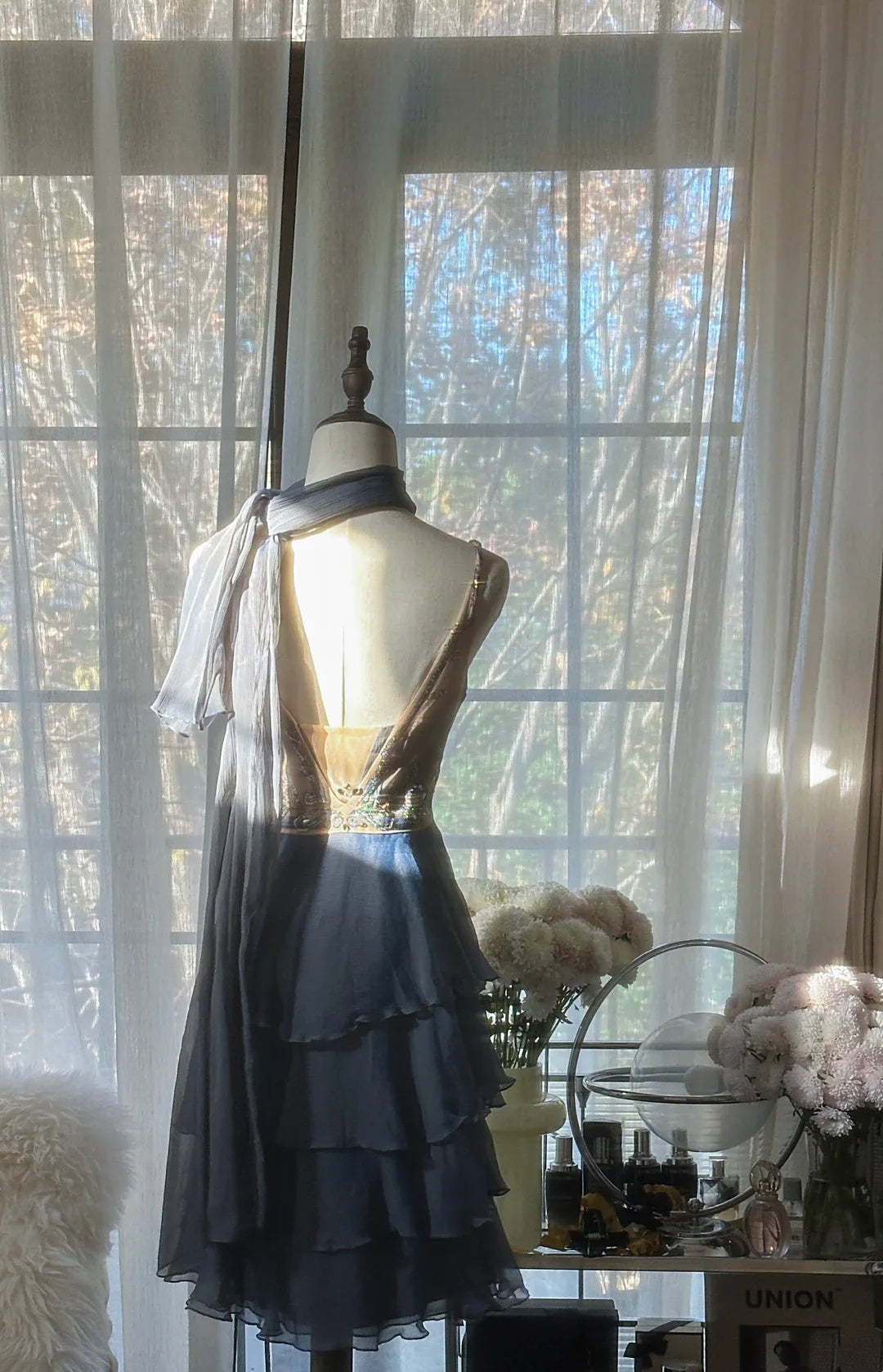 Enchanting Dusty Blue Birthday Dress Beaded V Neck Tiered Chiffon A Line Short Homecoming Dress AS2755