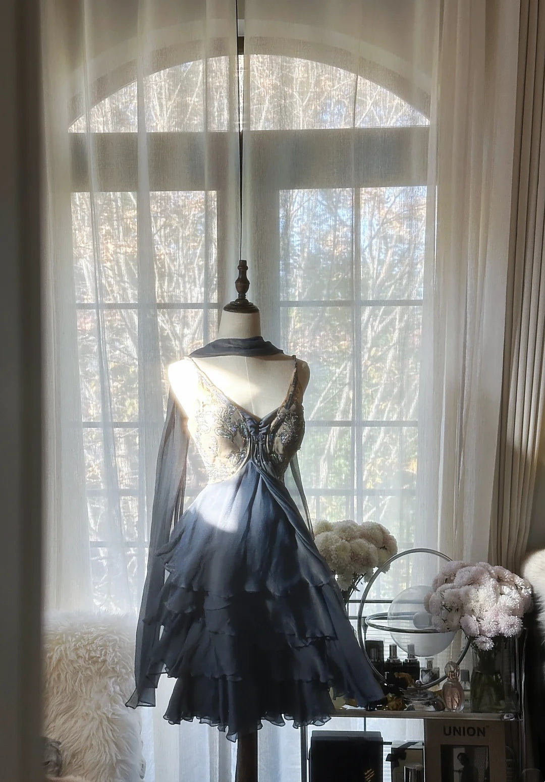Enchanting Dusty Blue Birthday Dress Beaded V Neck Tiered Chiffon A Line Short Homecoming Dress AS2755