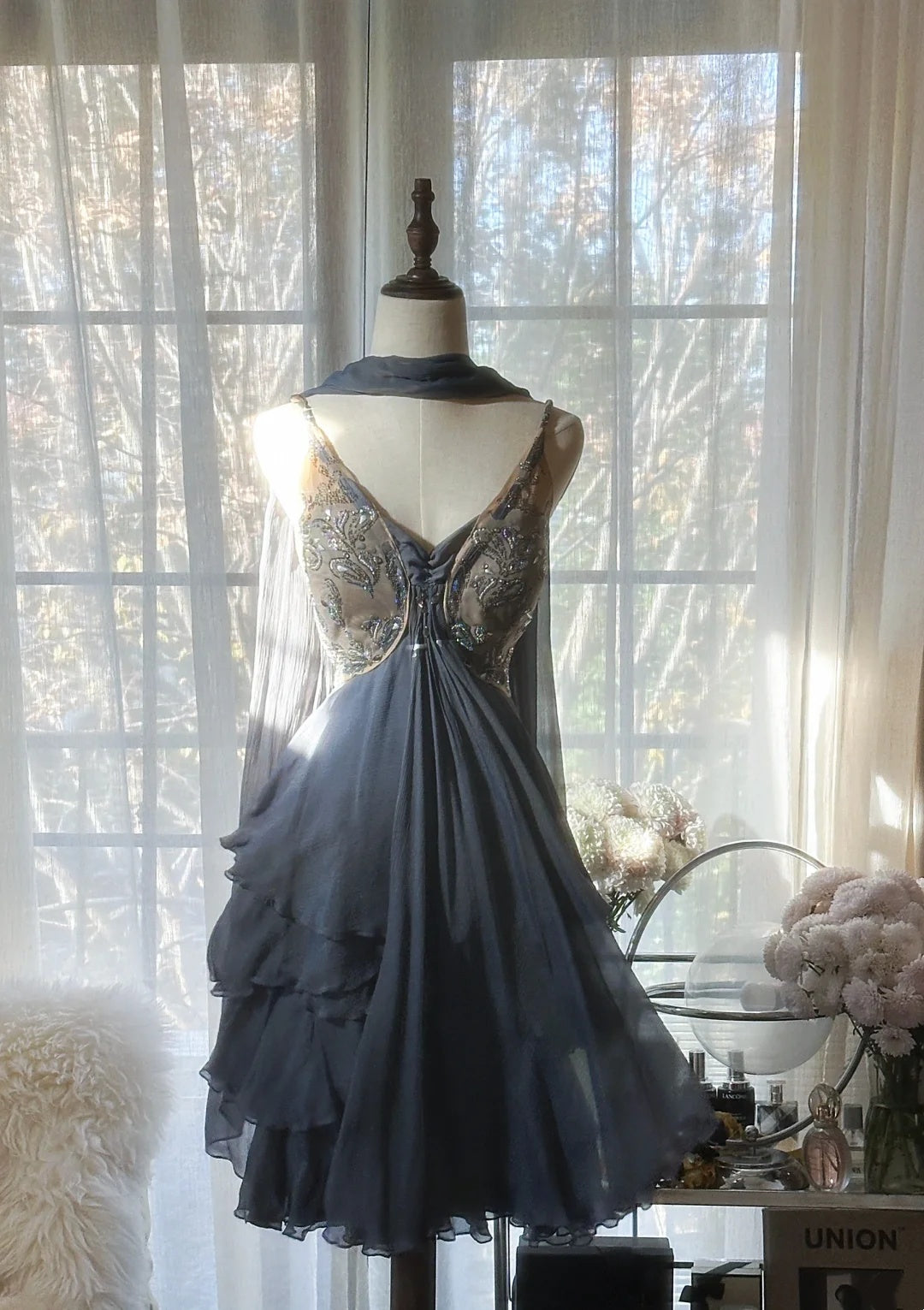Enchanting Dusty Blue Birthday Dress Beaded V Neck Tiered Chiffon A Line Short Homecoming Dress AS2755