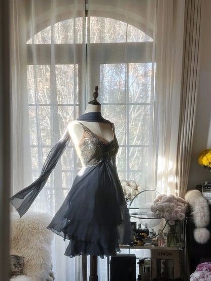 Enchanting Dusty Blue Birthday Dress Beaded V Neck Tiered Chiffon A Line Short Homecoming Dress AS2755