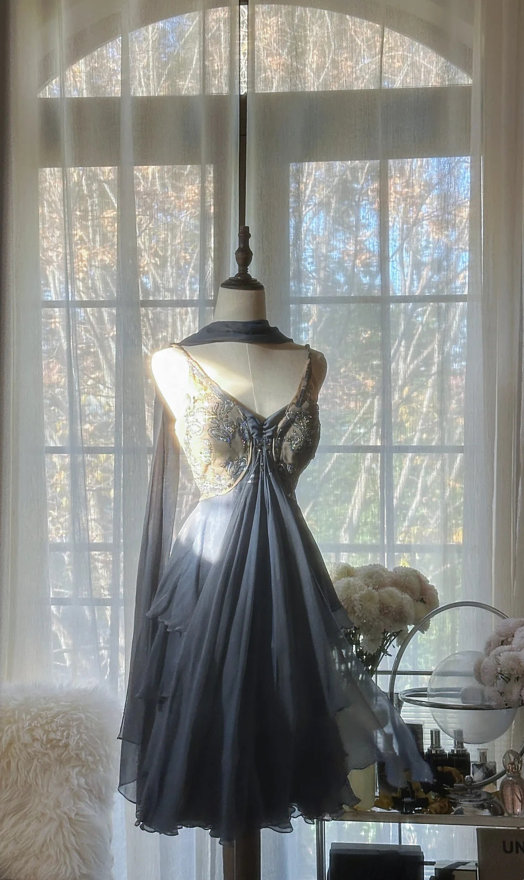 Enchanting Dusty Blue Birthday Dress Beaded V Neck Tiered Chiffon A Line Short Homecoming Dress AS2755