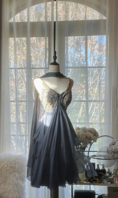 Enchanting Dusty Blue Birthday Dress Beaded V Neck Tiered Chiffon A Line Short Homecoming Dress AS2755