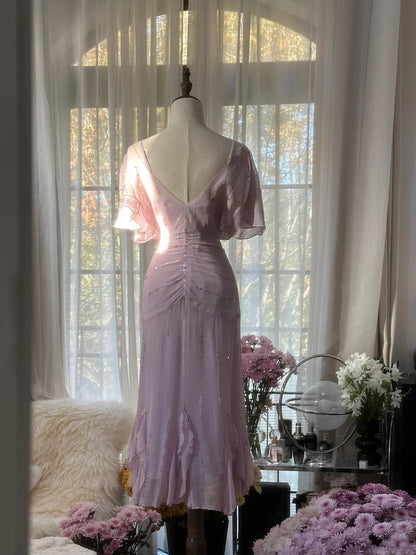 Dreamy Dusty Lavender Beaded V Neck Puff Short Sleeve Ruched Midi Mermaid Homecoming Dress AS2757