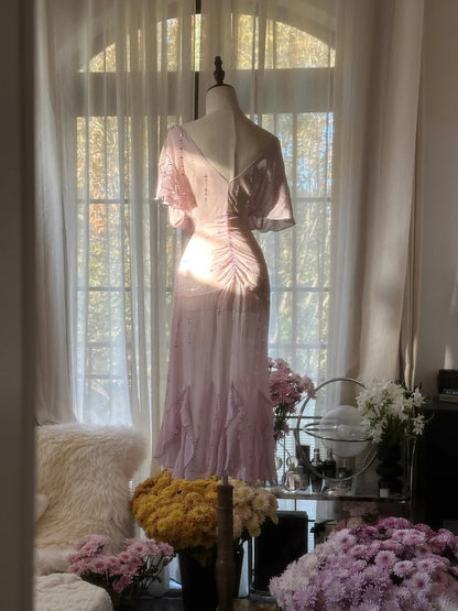 Dreamy Dusty Lavender Beaded V Neck Puff Short Sleeve Ruched Midi Mermaid Homecoming Dress AS2757