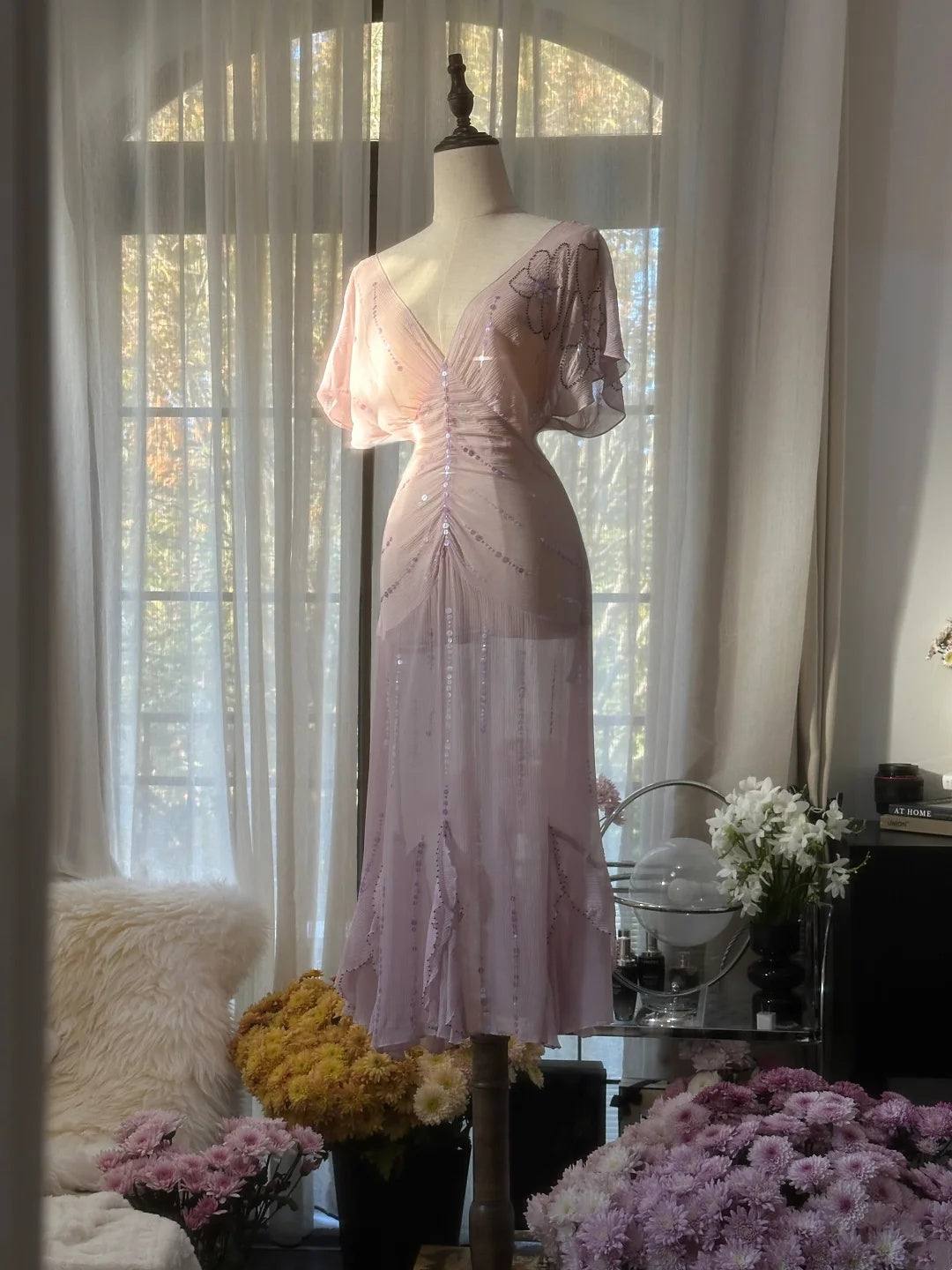 Dreamy Dusty Lavender Beaded V Neck Puff Short Sleeve Ruched Midi Mermaid Homecoming Dress AS2757