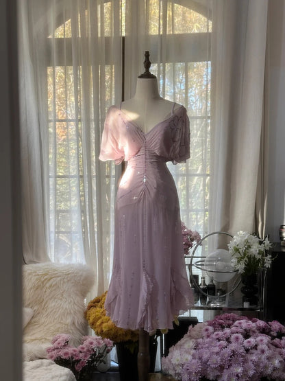 Dreamy Dusty Lavender Beaded V Neck Puff Short Sleeve Ruched Midi Mermaid Homecoming Dress AS2757