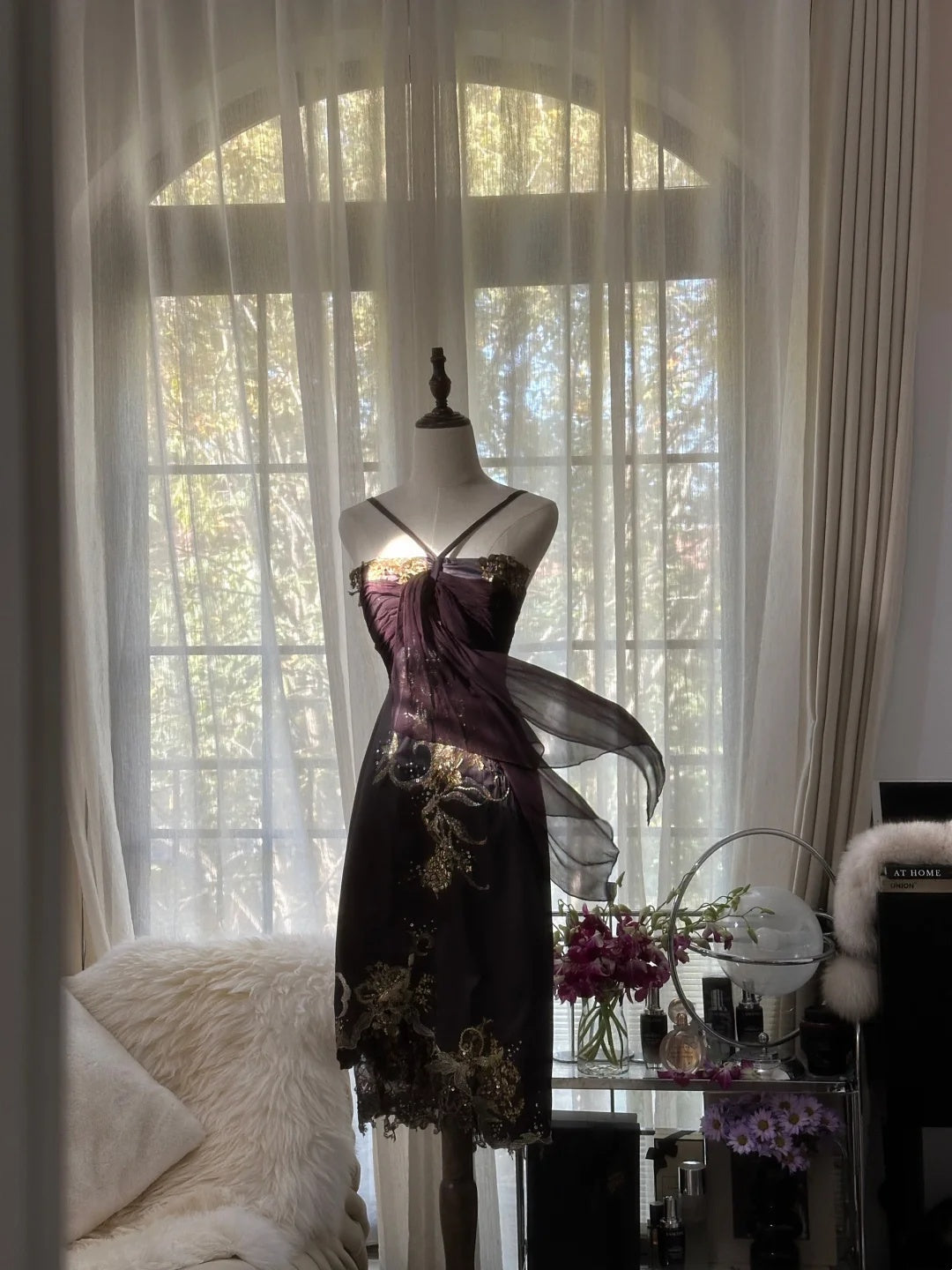 Luxurious Dark Plum Gold Embroidered Beaded Spaghetti Straps Sheath Midi Homecoming Dress AS2758