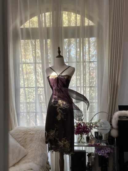 Luxurious Dark Plum Gold Embroidered Beaded Spaghetti Straps Sheath Midi Homecoming Dress AS2758