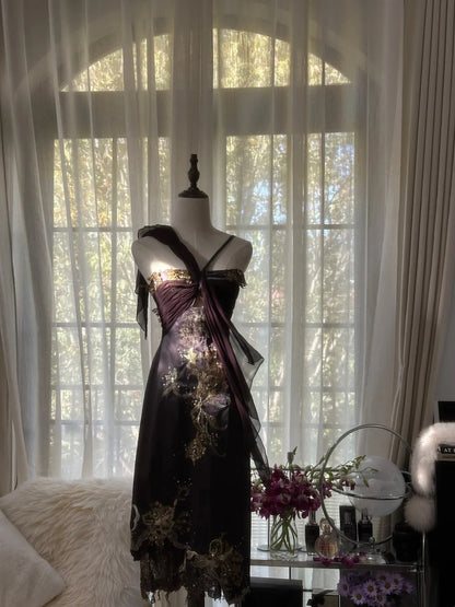 Luxurious Dark Plum Gold Embroidered Beaded Spaghetti Straps Sheath Midi Homecoming Dress AS2758