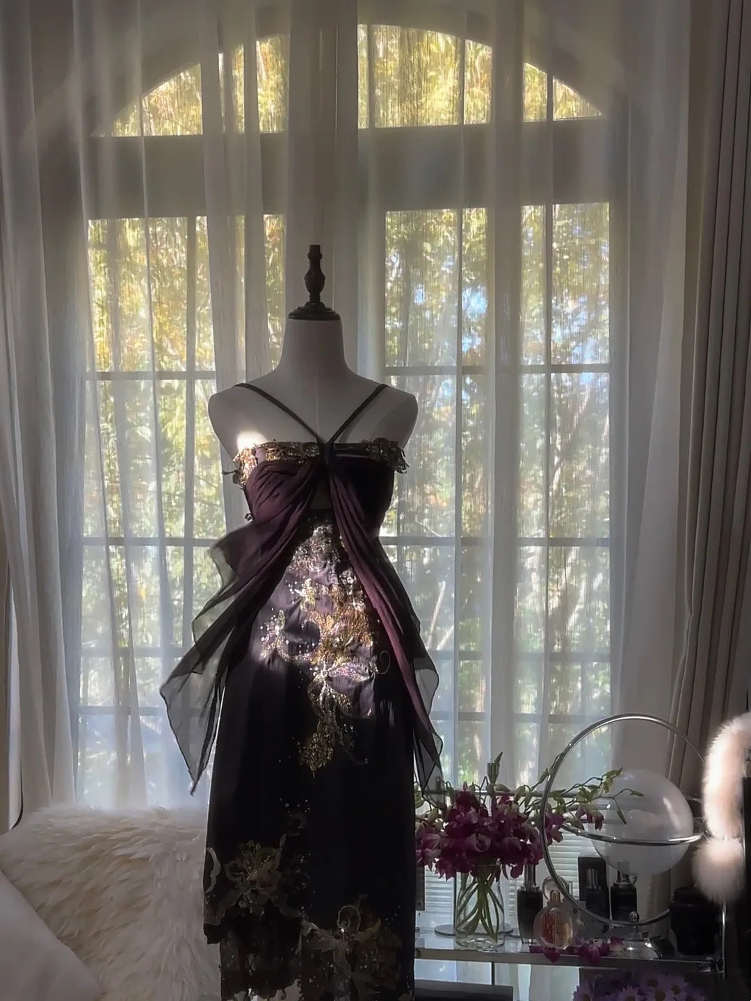 Luxurious Dark Plum Gold Embroidered Beaded Spaghetti Straps Sheath Midi Homecoming Dress AS2758