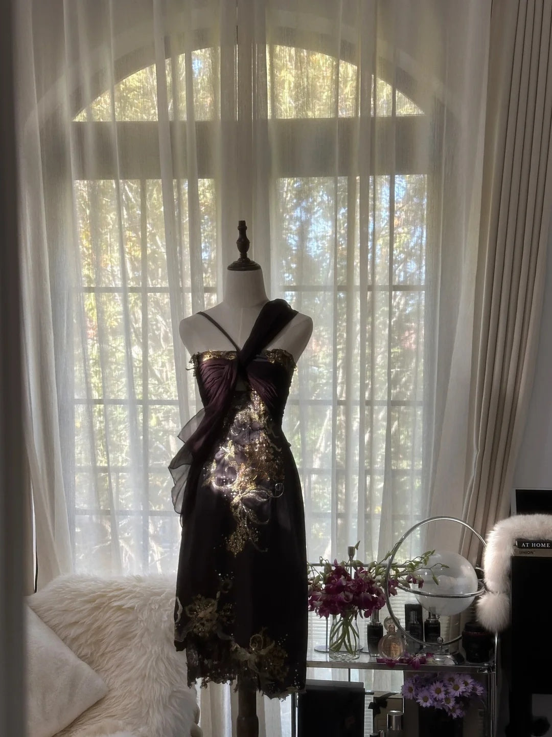 Luxurious Dark Plum Gold Embroidered Beaded Spaghetti Straps Sheath Midi Homecoming Dress AS2758