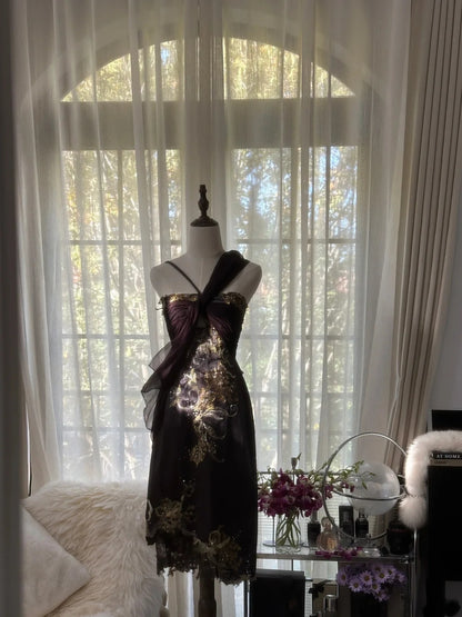 Luxurious Dark Plum Gold Embroidered Beaded Spaghetti Straps Sheath Midi Homecoming Dress AS2758