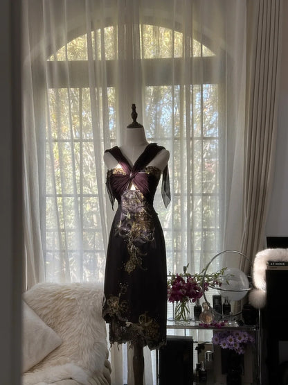 Luxurious Dark Plum Gold Embroidered Beaded Spaghetti Straps Sheath Midi Homecoming Dress AS2758