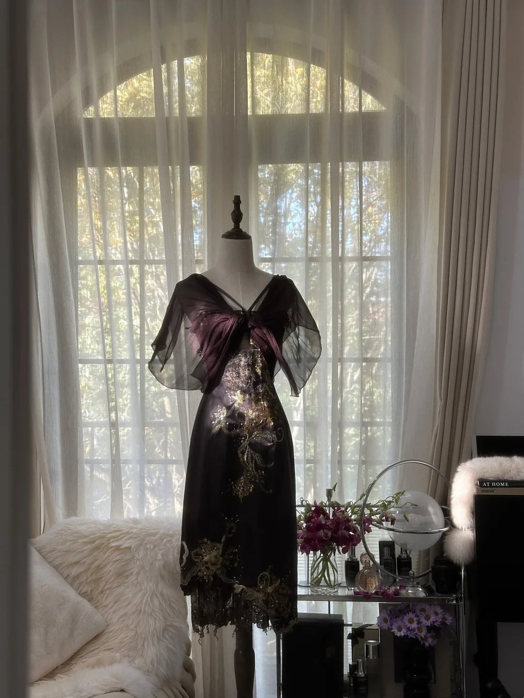 Luxurious Dark Plum Gold Embroidered Beaded Spaghetti Straps Sheath Midi Homecoming Dress AS2758