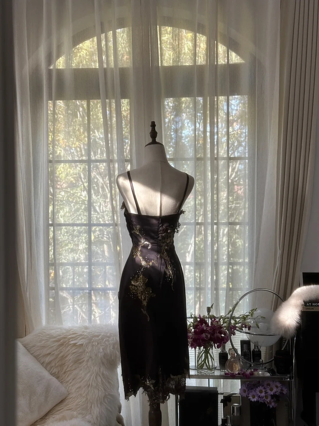Luxurious Dark Plum Gold Embroidered Beaded Spaghetti Straps Sheath Midi Homecoming Dress AS2758