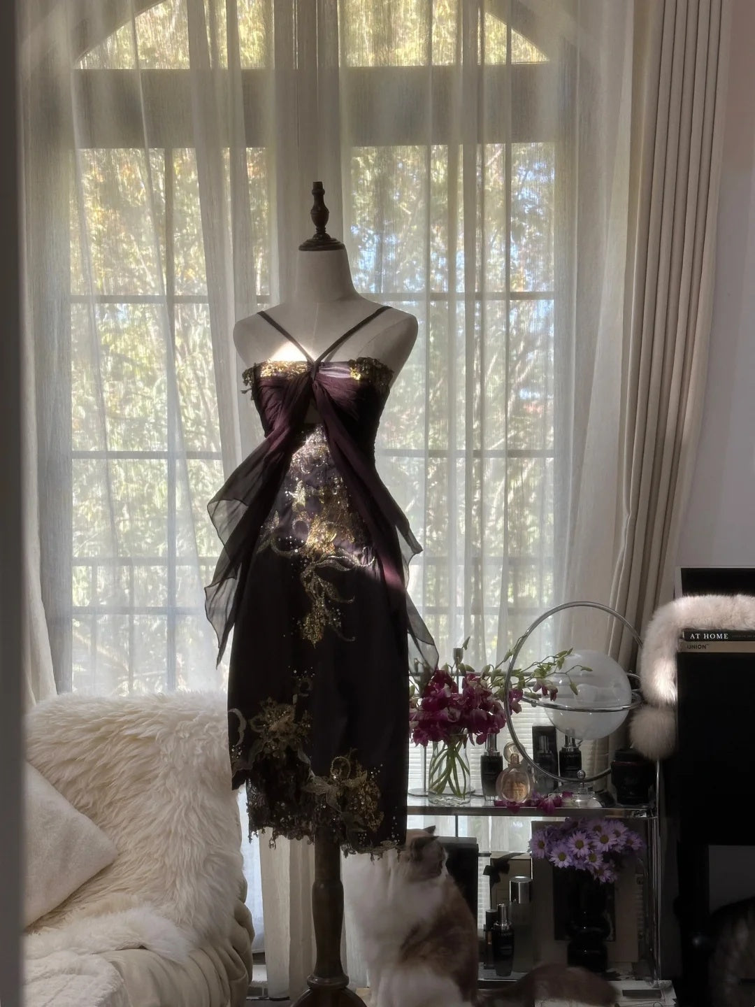 Luxurious Dark Plum Gold Embroidered Beaded Spaghetti Straps Sheath Midi Homecoming Dress AS2758