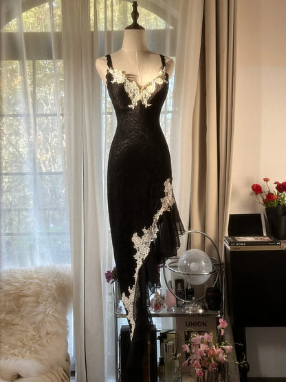 Glam Black Party Dress Lace Floral Appliques Spaghetti Straps V Neck Mermaid Midi Homecoming Dress AS2759