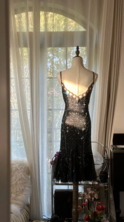 Dazzling Black Beaded Party Dress Spaghetti Straps Midi Mermaid Homecoming Dress AS2760
