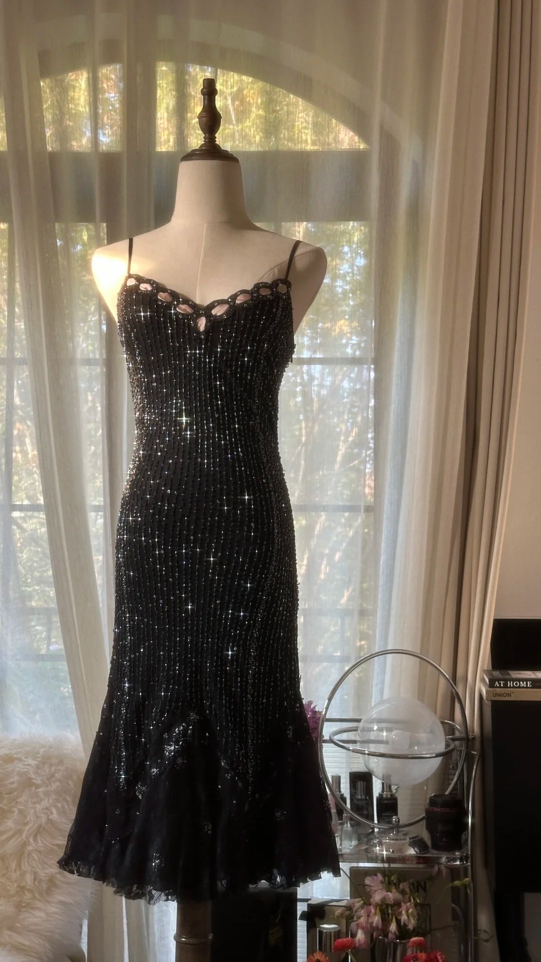 Dazzling Black Beaded Party Dress Spaghetti Straps Midi Mermaid Homecoming Dress AS2760