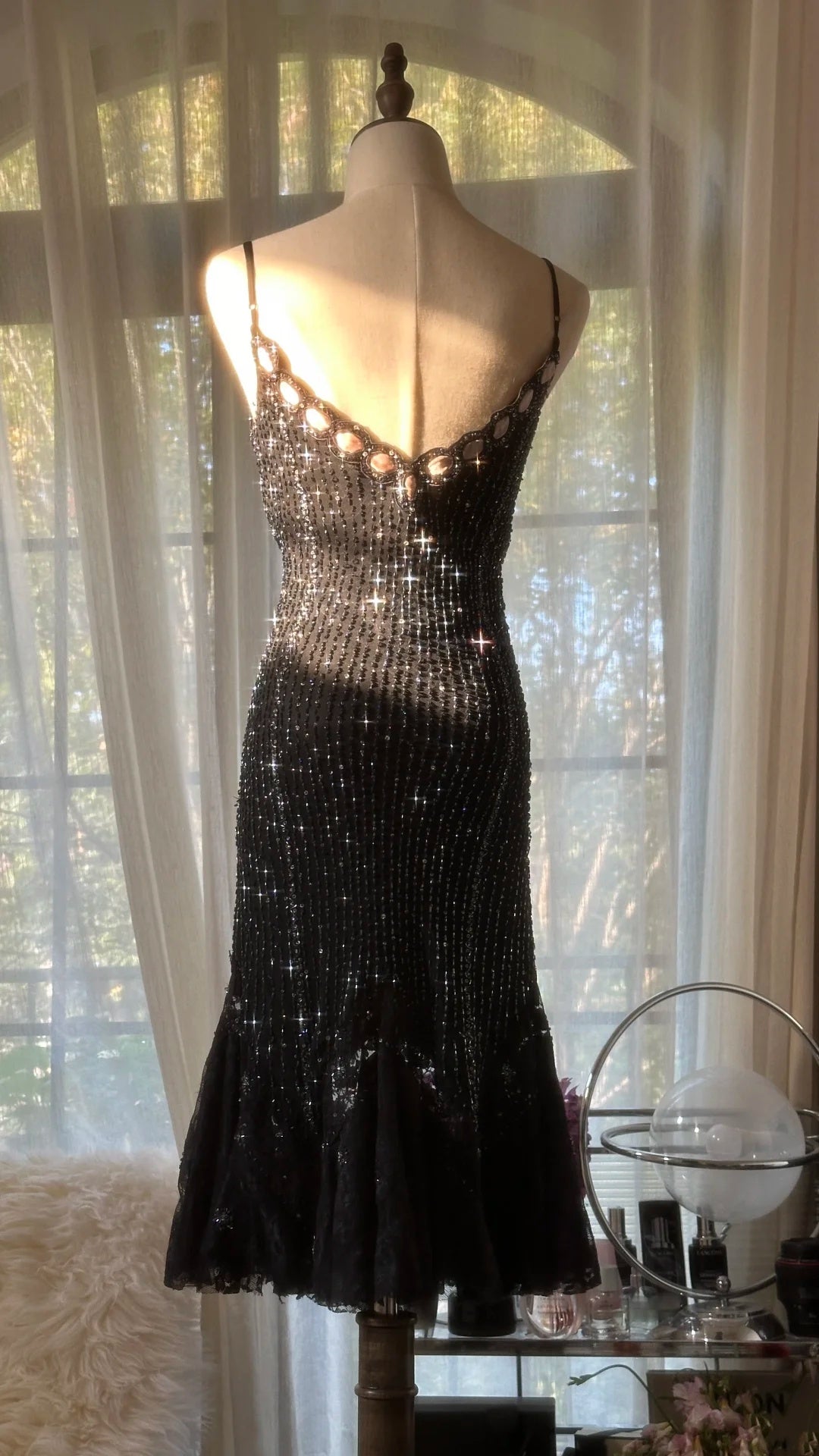 Dazzling Black Beaded Party Dress Spaghetti Straps Midi Mermaid Homecoming Dress AS2760