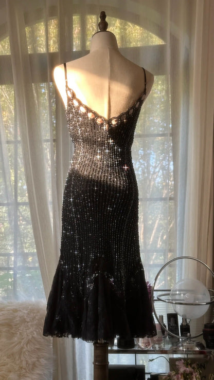 Dazzling Black Beaded Party Dress Spaghetti Straps Midi Mermaid Homecoming Dress AS2760