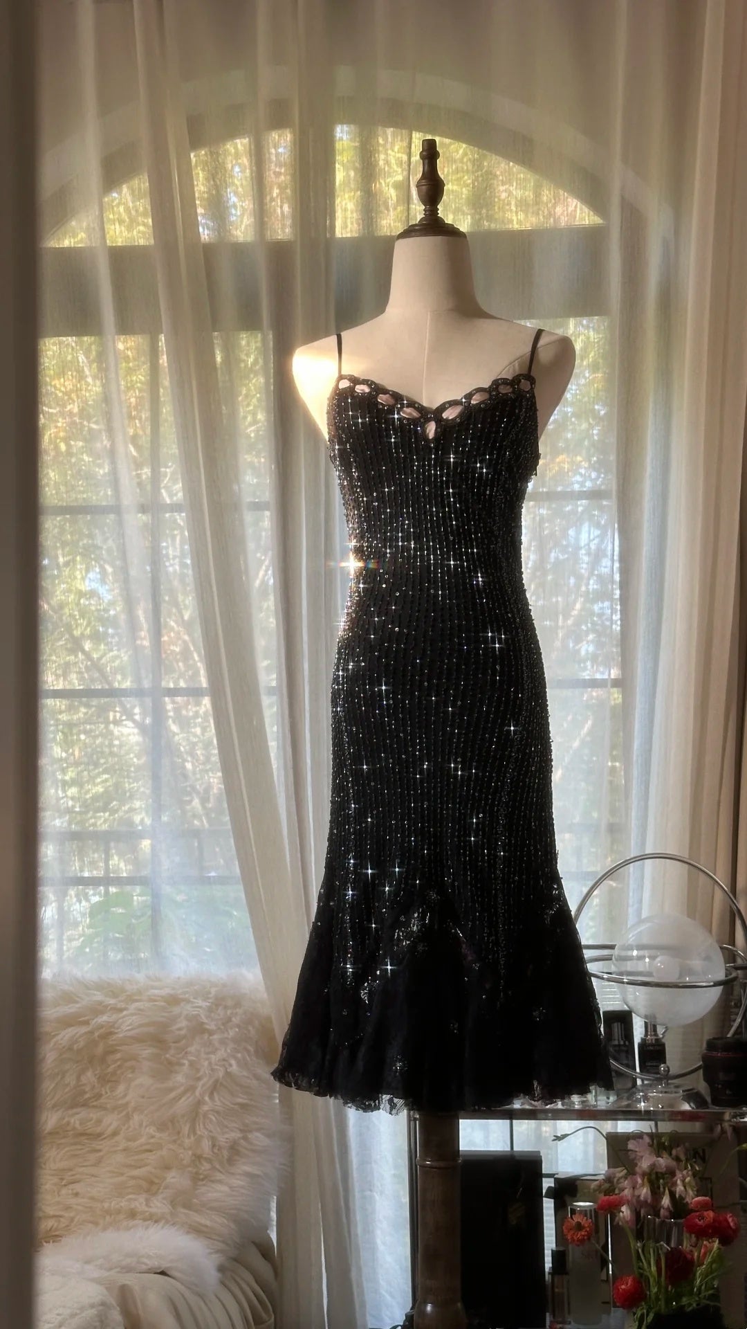 Dazzling Black Beaded Party Dress Spaghetti Straps Midi Mermaid Homecoming Dress AS2760