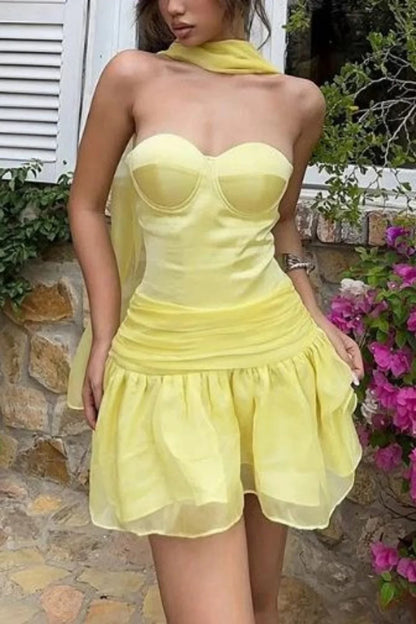 Butter Yellow Strapless Organza Homecoming Dress With Scarf Structured Cups AS276