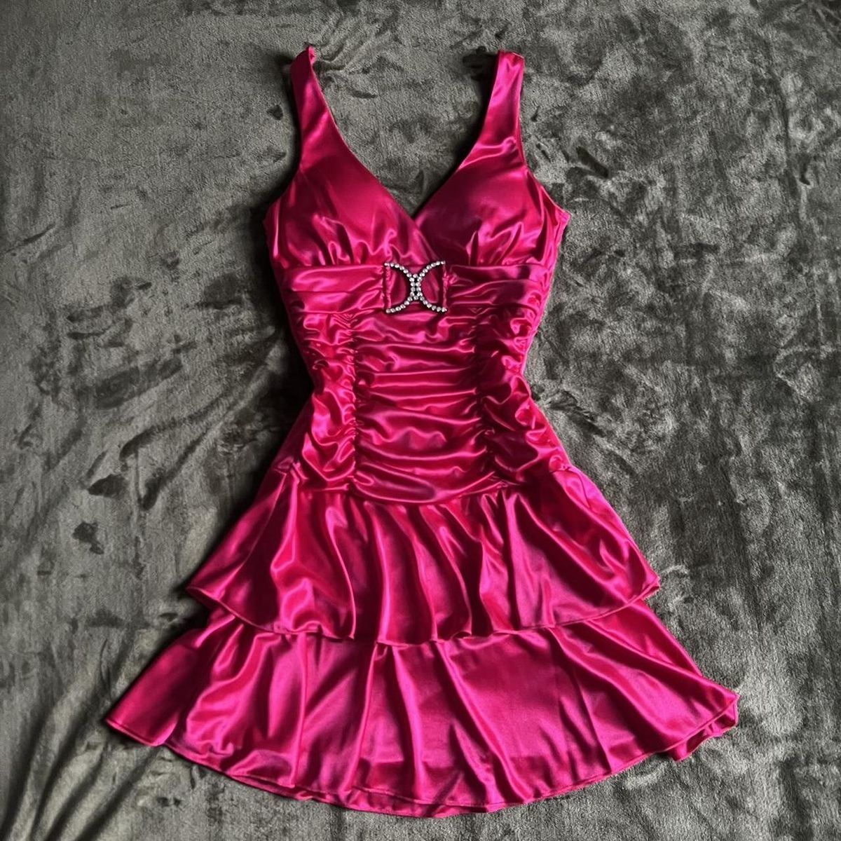 Bold Hot Pink Sleeveless V-Neck Satin Rhinestone Ruched Tiered Ruffle A Line Short Homecoming Dress AS2774