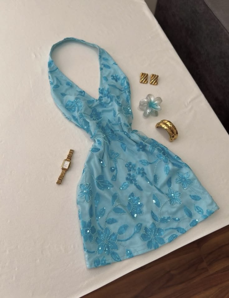Fresh Blue Halter V Neck Floral Beaded Sequin A Line Short Party Dress Homecoming Dress AS2777