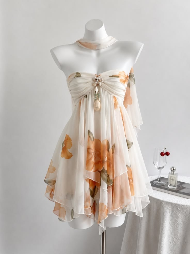 Airy Floral Print Sweetheart Beaded Chiffon A Line Short Party Dress Homecoming Dress AS2779