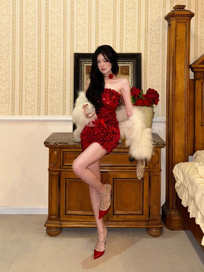Dazzling Red Strapless Sequin Bodycon Party Dress Short Homecoming Dress AS2780