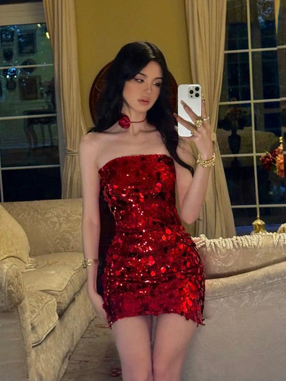 Dazzling Red Strapless Sequin Bodycon Party Dress Short Homecoming Dress AS2780
