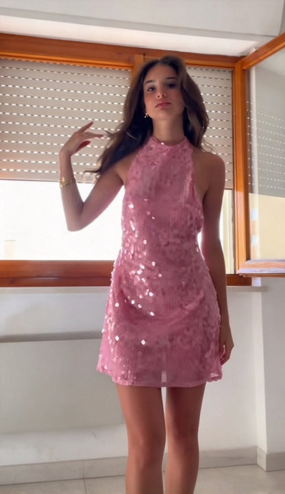 Sparkly Pink Halter Mock Neck Sequin Bodycon Short Party Dress Homecoming Dress AS2781