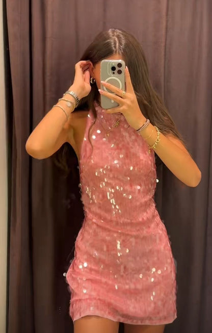 Sparkly Pink Halter Mock Neck Sequin Bodycon Short Party Dress Homecoming Dress AS2781