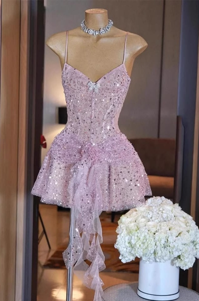 Dainty Pink Birthday Dress Sparkly Spaghetti Straps Sequin A Line Short Homecoming Dress AS2785