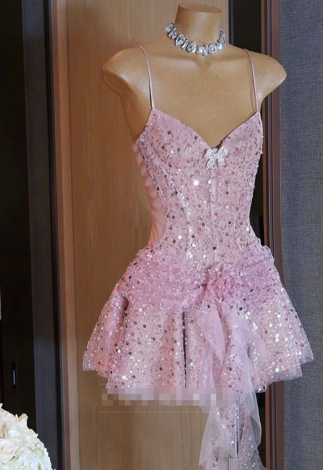 Dainty Pink Birthday Dress Sparkly Spaghetti Straps Sequin A Line Short Homecoming Dress AS2785