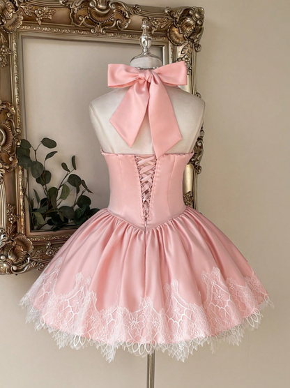 Sweet Pink Satin Halter Deep V Corset Lace Hem A Line Short Homecoming Dress With Bow AS2786
