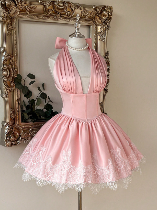 Sweet Pink Satin Halter Deep V Corset Lace Hem A Line Short Homecoming Dress With Bow AS2786