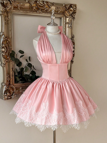 Sweet Pink Satin Halter Deep V Corset Lace Hem A Line Short Homecoming Dress With Bow AS2786